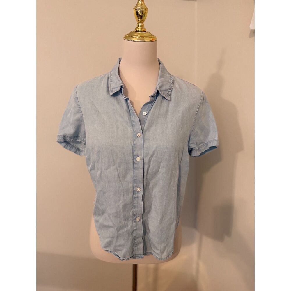 FRAME Shrunken Short Sleeve Button Down Top Women M Blackwell Tencel Linen